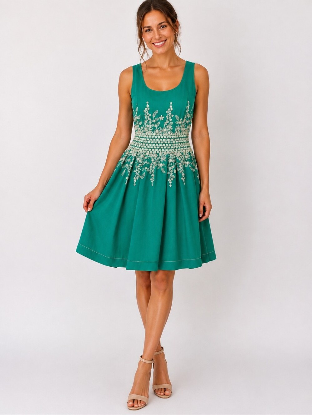 Max Studio MSSP Embroidered Fit & Flare Dress | Green Sleeveless Dress M NWT